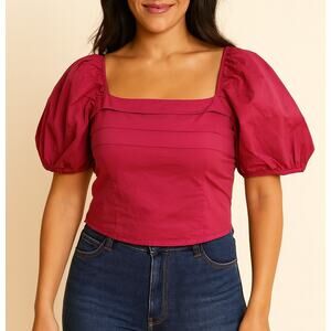 Sim & Sam Square Neck Short Puff Sleeve Crop Top Pink Small